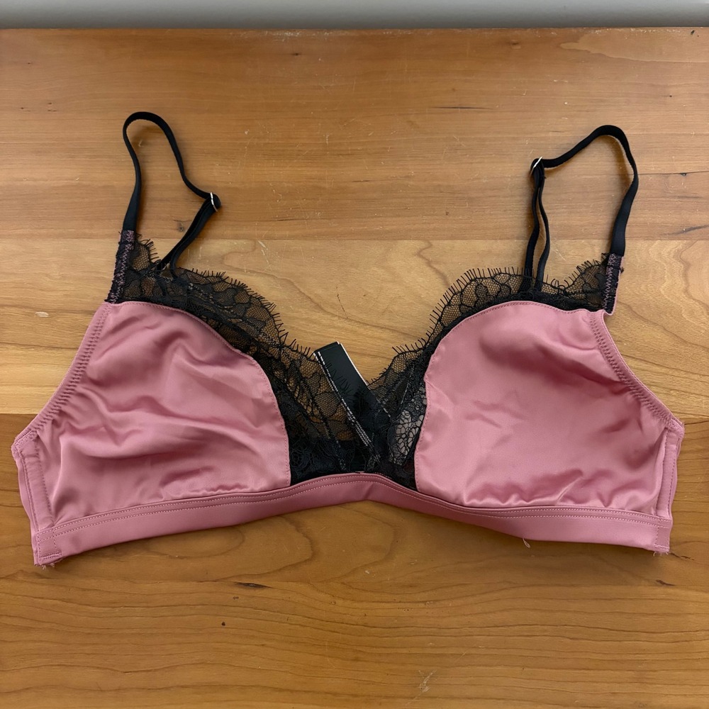 Victorias Secret Mauve Pink Black Lace Trim Satin Bralette ST 11078902 Medium